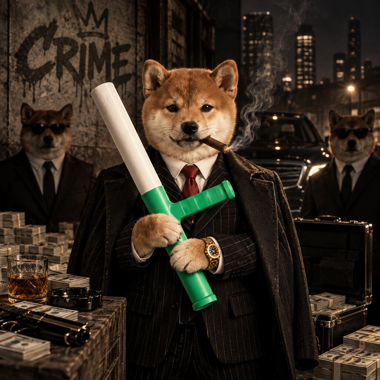 Crime Baton boss holding a green and white baton