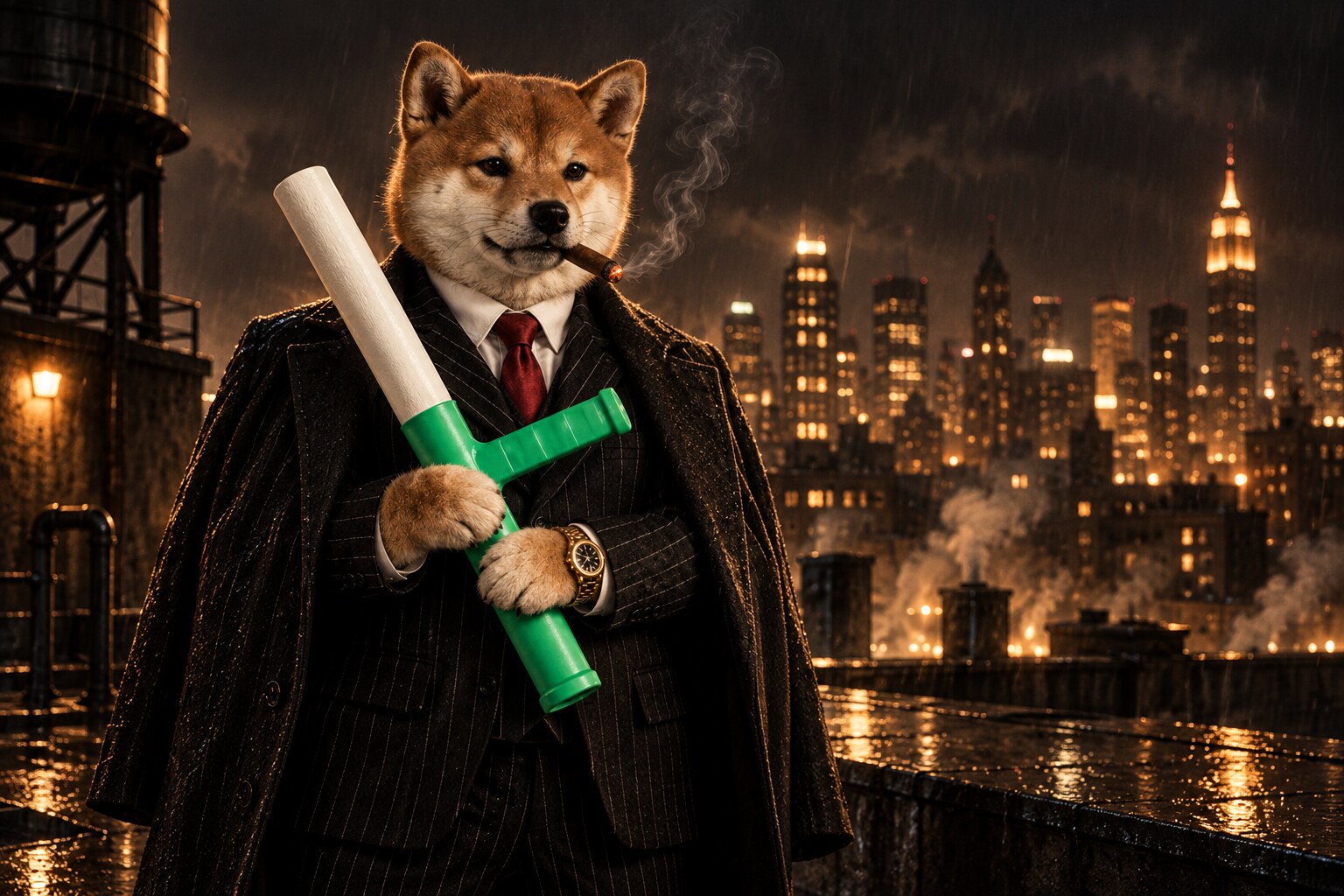 Crime Baton boss on a rainy city rooftop